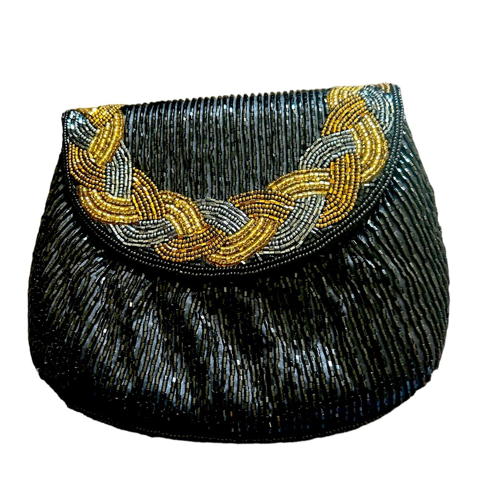 Rue de Calais Vintage Beaded Evening Clutch. Black with Gold and Grey Accent.